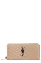 Women's Saint Laurent 'monogram' Zip Around Quilted Calfskin Leather Wallet - Beige