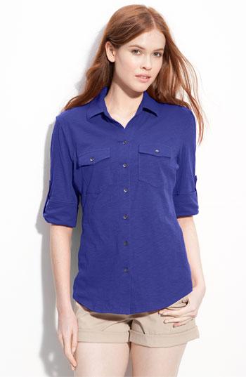 Sandra Ingrish Three Quarter Roll Sleeve Knit Shirt Blue Spectrum Small