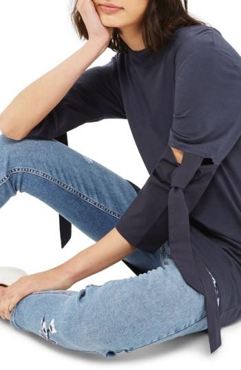 Women's Topshop Tie Trumpet Sleeve Tunic Us (fits Like 0) - Blue