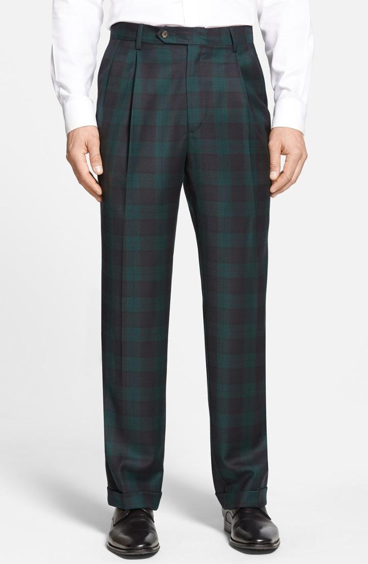 Men's Berle Pleated Plaid Wool Trousers X Unhemmed - Green