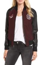 Women's Guess Patch Detail Mixed Media Bomber Jacket - Burgundy