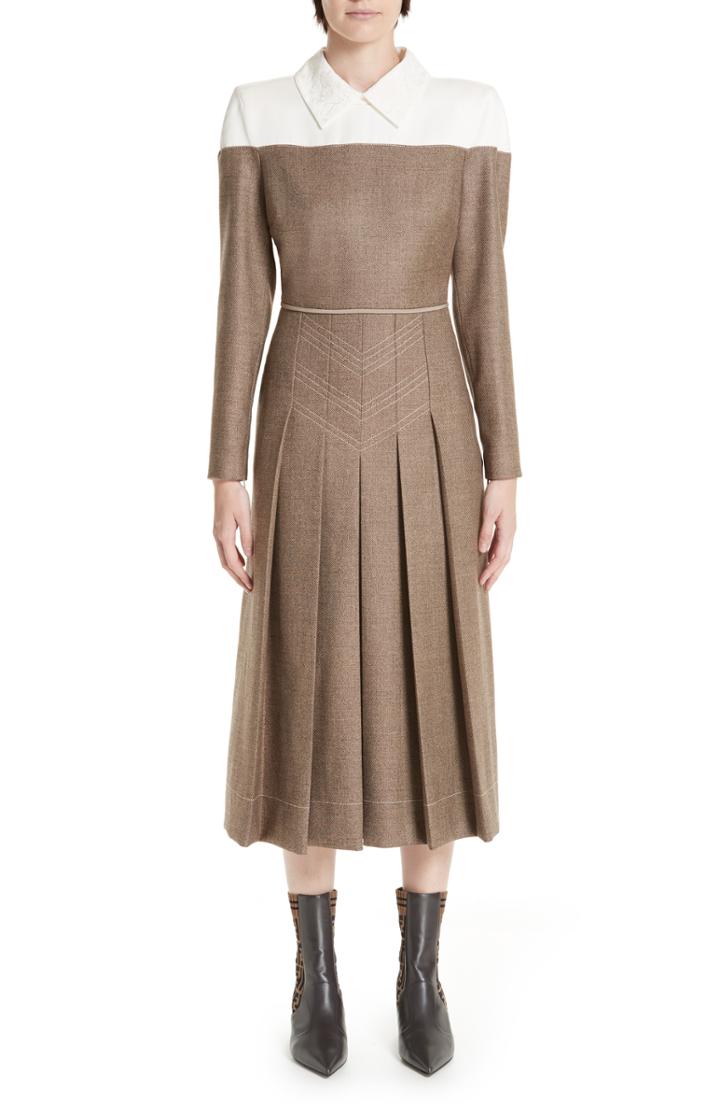 Women's Fendi Silk Yoke Pleated Tweed Dress Us / 42 It - Grey