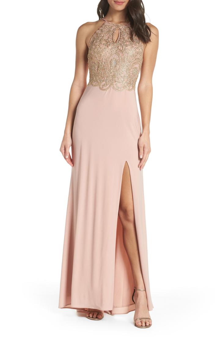 Women's Blondie Nites Embellished Applique Halter Gown - Pink