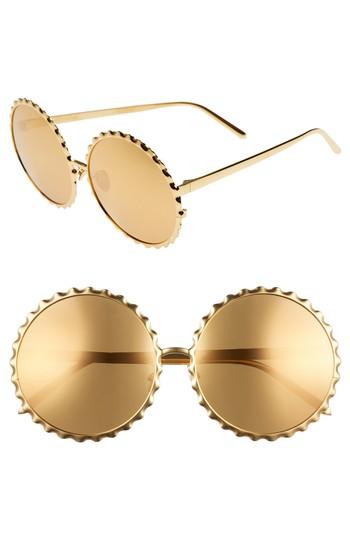 Women's Linda Farrow 59mm Mirrored 18 Karat Gold Trim Round Sunglasses - Yellow Gold/ Gold