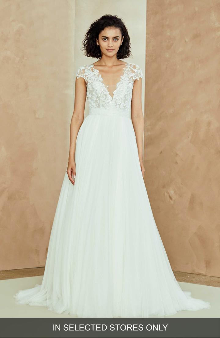 Women's Nouvelle Amsale Danielle Embroidered Tulle A-line Gown, Size - White