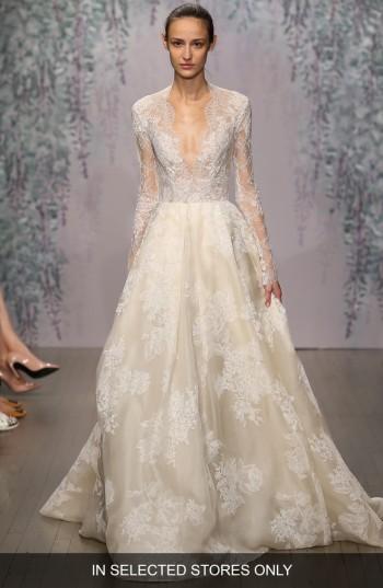 Women's Monique Lhuillier Winslet Plunging V-neck Organza & Lace Ballgown Dress