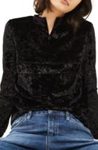 Women's Topshop Quarter Zip Velvet Top Us (fits Like 0-2) - Black