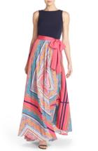 Petite Women's Eliza J Scarf Print Jersey & Crepe De Chine Maxi Dress P - Pink