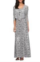 Petite Women's Alex Evenings Sequin Embroidered Mesh A-line Gown & Jacket P - Black