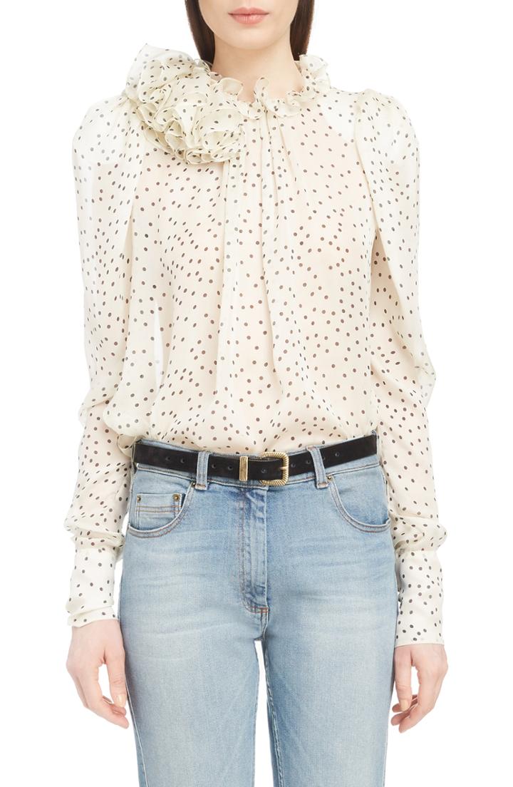 Women's Magda Butrym Ruffle Neck Polka Dot Silk Blouse Us / 36 Fr - Ivory