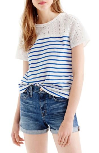 Women's J.crew Eyelet Stripe Tee, Size - Ivory