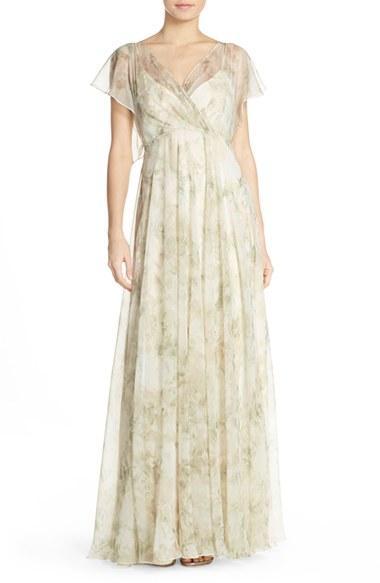 Women's Jenny Yoo 'cassie' Print Flutter Sleeve Chiffon Maxi Dress - Grey