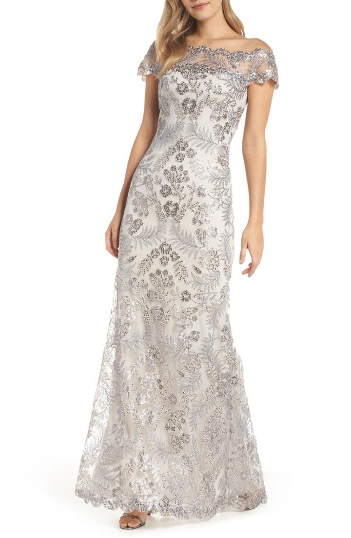 Women's Tadashi Shoji Illusion Neck Sequin Lace Gown (similar To 16w) - Blue