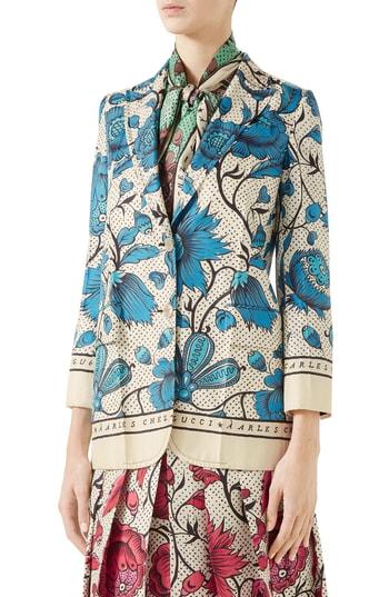 Women's Gucci Watercolor Floral Print Silk Jacket Us / 40 It - Blue