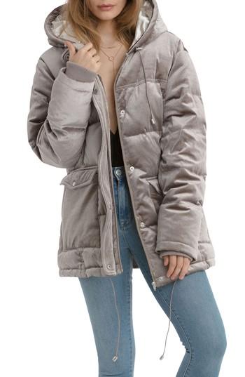 Women's Avec Les Filles Velvet Down & Feather Fill Hooded Puffer Jacket - Grey