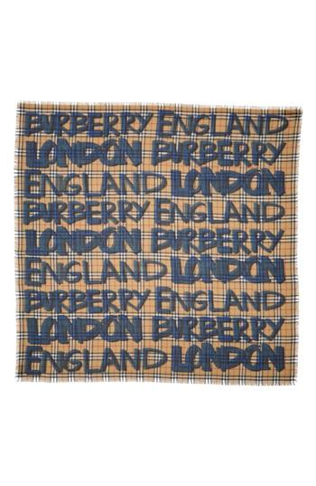 Women's Burberry Marker Text Check Print Wool & Silk Scarf, Size - Blue