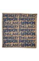Women's Burberry Marker Text Check Print Wool & Silk Scarf, Size - Blue