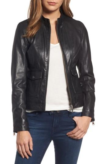 Women's Lamarque Patch Pocket Leather Biker Jacket - Black