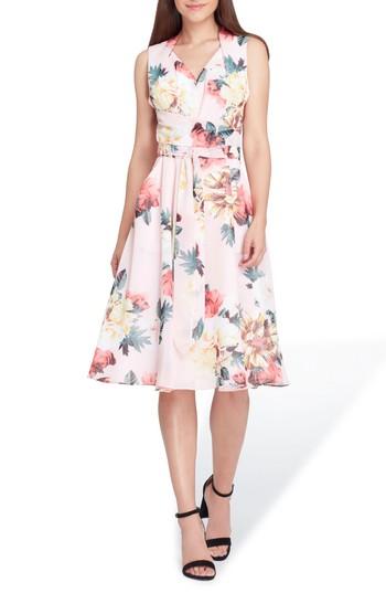 Women's Tahari Floral Print Tie Waist Fit & Flare Dress - Pink