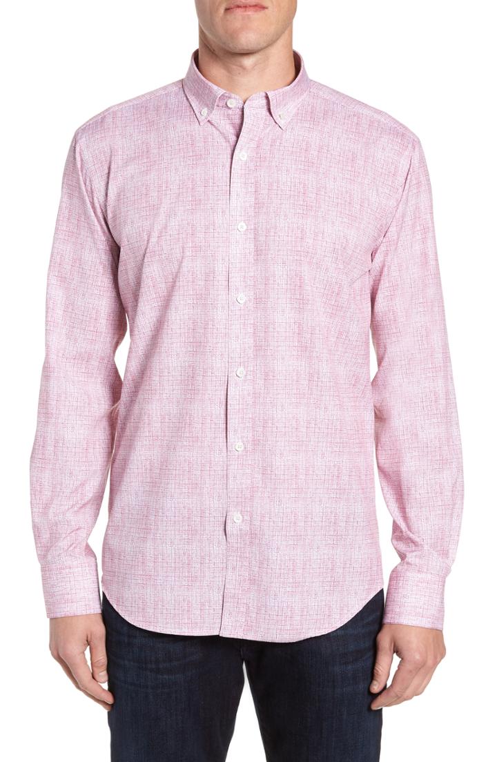 Men's Bugatchi Shaped Fit Crosshatch Sport Shirt - Pink