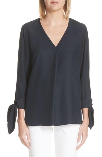 Women's Lafayette 148 New York Blair Matte Silk Blouse, Size - Blue