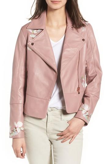 Women's Ted Baker London Harmony Embroidered Leather Biker Jacket - Pink