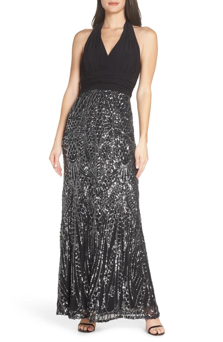 Women's Morgan & Co. Ruched Halter Bodice Gown - Black