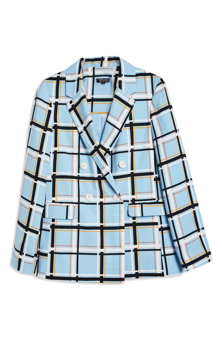 Women's Topshop Check Double Breasted Jacket Us (fits Like 2-4) - Blue