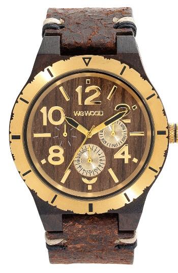 Men's Wewood Kardo Multifunctional Wood Leather Strap Watch, 46mm