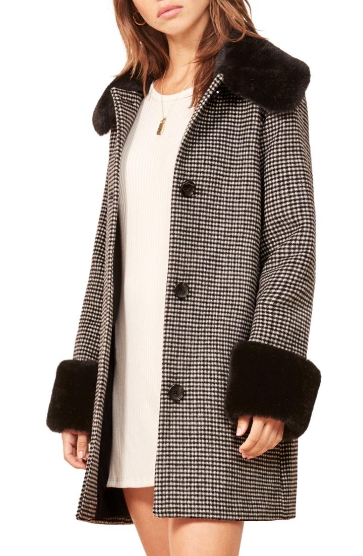 Women's Reformation Lucille Faux Fur Trim Coat - Black