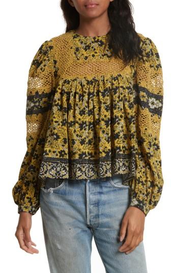 Women's Sea Lace Bib Print Silk Blouse - Yellow