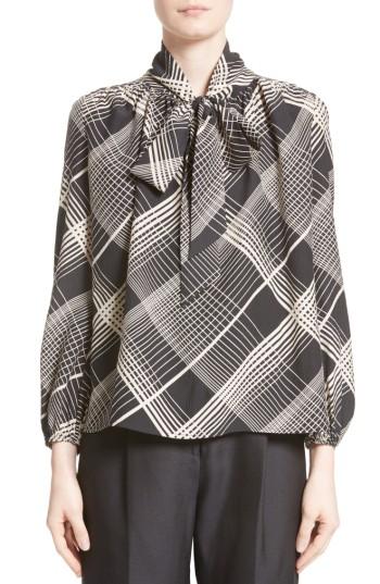 Women's Co Plaid Silk Tie Neck Blouse - Black