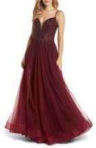 Women's La Femme Embellished Illusion Plunge Gown - Red