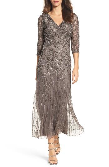 Petite Women's Pisarro Nights Beaded Mesh Dress P - Grey