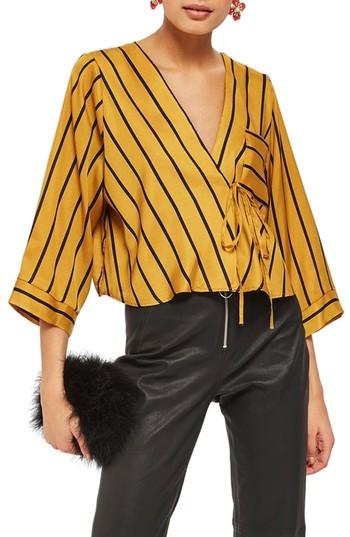 Women's Topshop Stripe Tie Wrap Kimono Top Us (fits Like 0) - Yellow