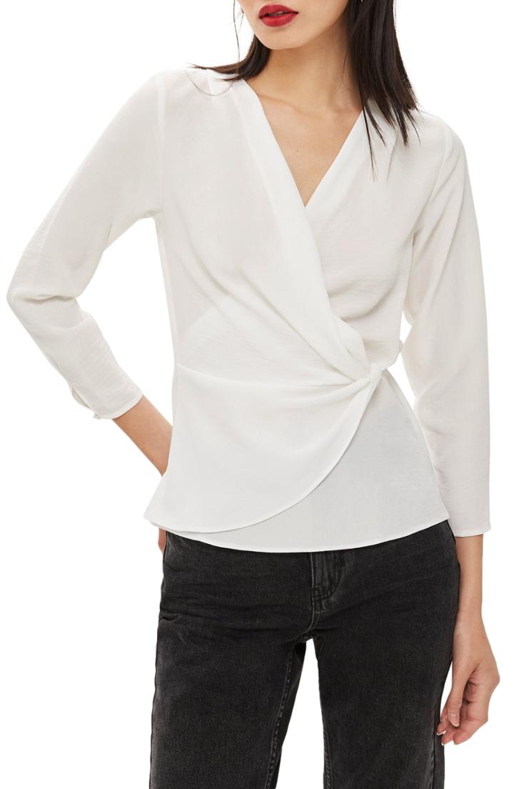 Women's Topshop Rita Knot Front Plunge Blouse Us (fits Like 6-8) - Ivory