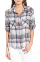 Women's Side Stitch Frayed Hem Roll Sleeve Plaid Shirt