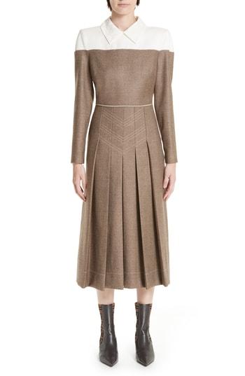 Women's Fendi Silk Yoke Pleated Tweed Dress Us / 38 It - Grey