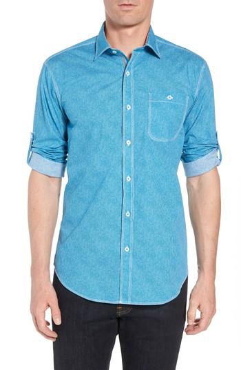 Men's Bugatchi Shaped Fit Striated Print Sport Shirt, Size - Green