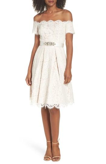 Women's Eliza J Embellished Lace Fit & Flare Dress - Ivory