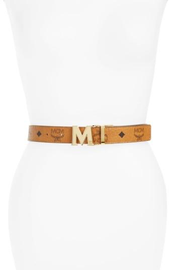 Women's Mcm 'visetos' Reversible Leather Belt, Size - Cognac