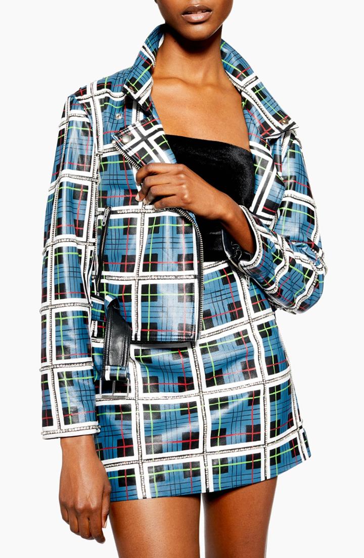 Women's Topshop Check Leather Jacket - Blue