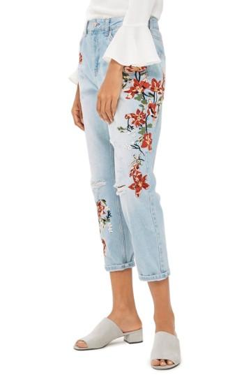 Petite Women's Topshop Fire Flower High Rise Ripped Mom Jeans X 28 - Blue