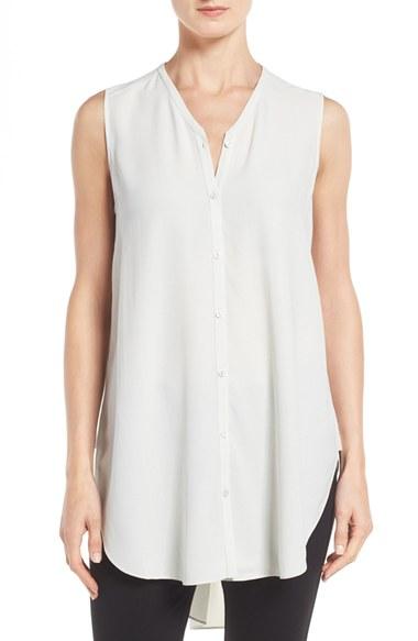 Women's Eileen Fisher Silk Georgette Crepe Asymmetrical V-neck Top, Size - White