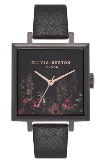 Women's Oliva Burton After Dark Floral Big Square Leather Strap Watch, 38mm