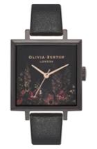Women's Oliva Burton After Dark Floral Big Square Leather Strap Watch, 38mm