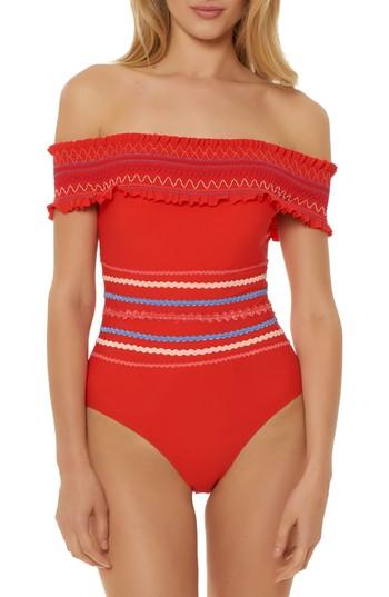 Women's Red Carter Smocked Off The Shoulder Swimsuit - Red
