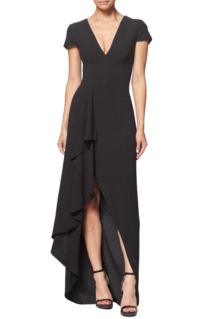 Women's Dress The Population Alma Cap Sleeve Waterfall Crepe Gown, Size - Black