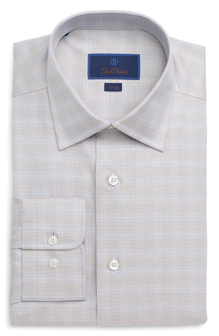 Men's David Donahue Trim Fit Plaid Dress Shirt - 32/33 - Beige
