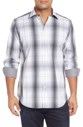 Men's Bugatchi Classic Fit Ombre Plaid Sport Shirt - White